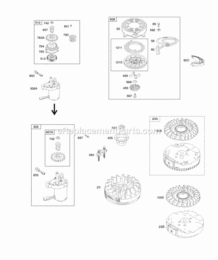 Electric Starter Flywheel Rewind Starter Diagram and Parts List for 122L02-0120-F1  Briggs and Stratton Engine
